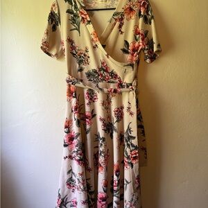 JessaKae Cream and Pink Floral Wrap Midi Dress